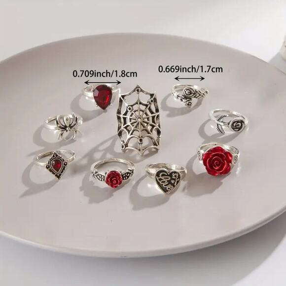 NEW 9pcs Gothic Punk Ring Set – Spider, Red Rose, Heart, Goth jewelry - Picture 3 of 3